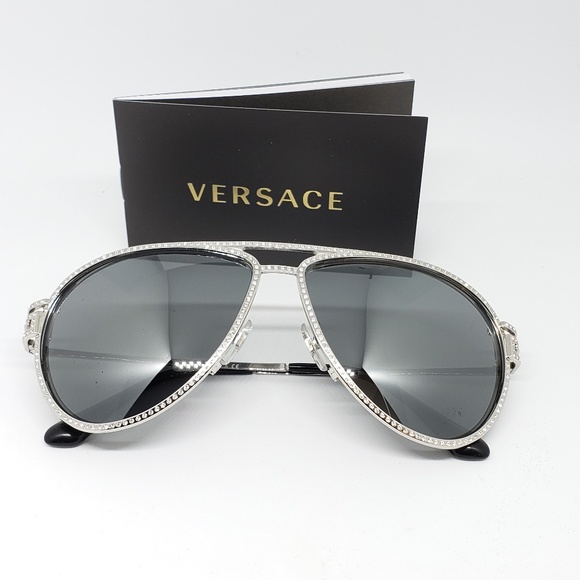 Versace Sunglasses Silver MirroredCrystals Aviator - Picture 2 of 8